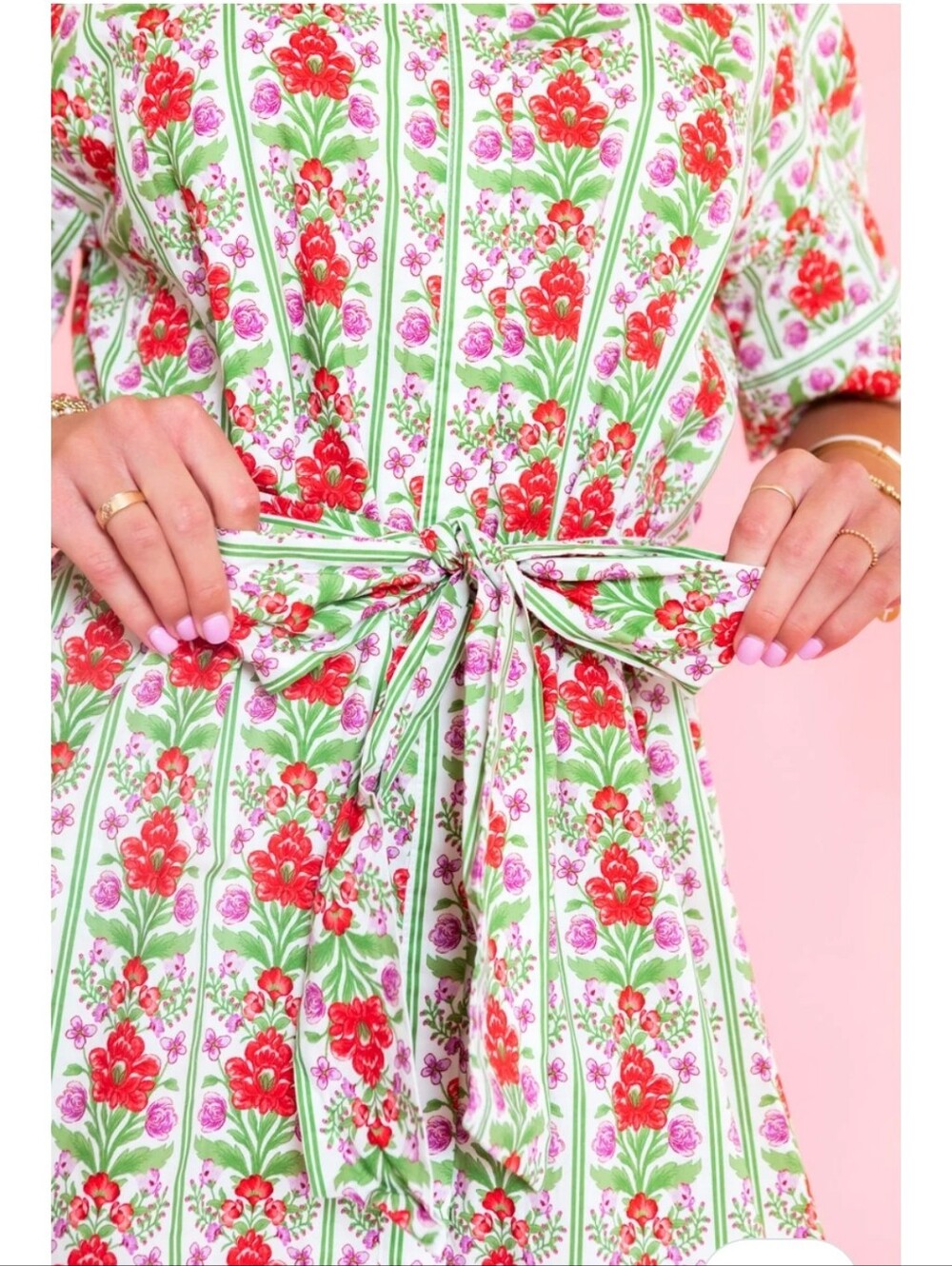 Mod’s Mahal Women’s Midi Shirt Dress English Garden Size XS Pink Green Floral - Picture 3 of 14